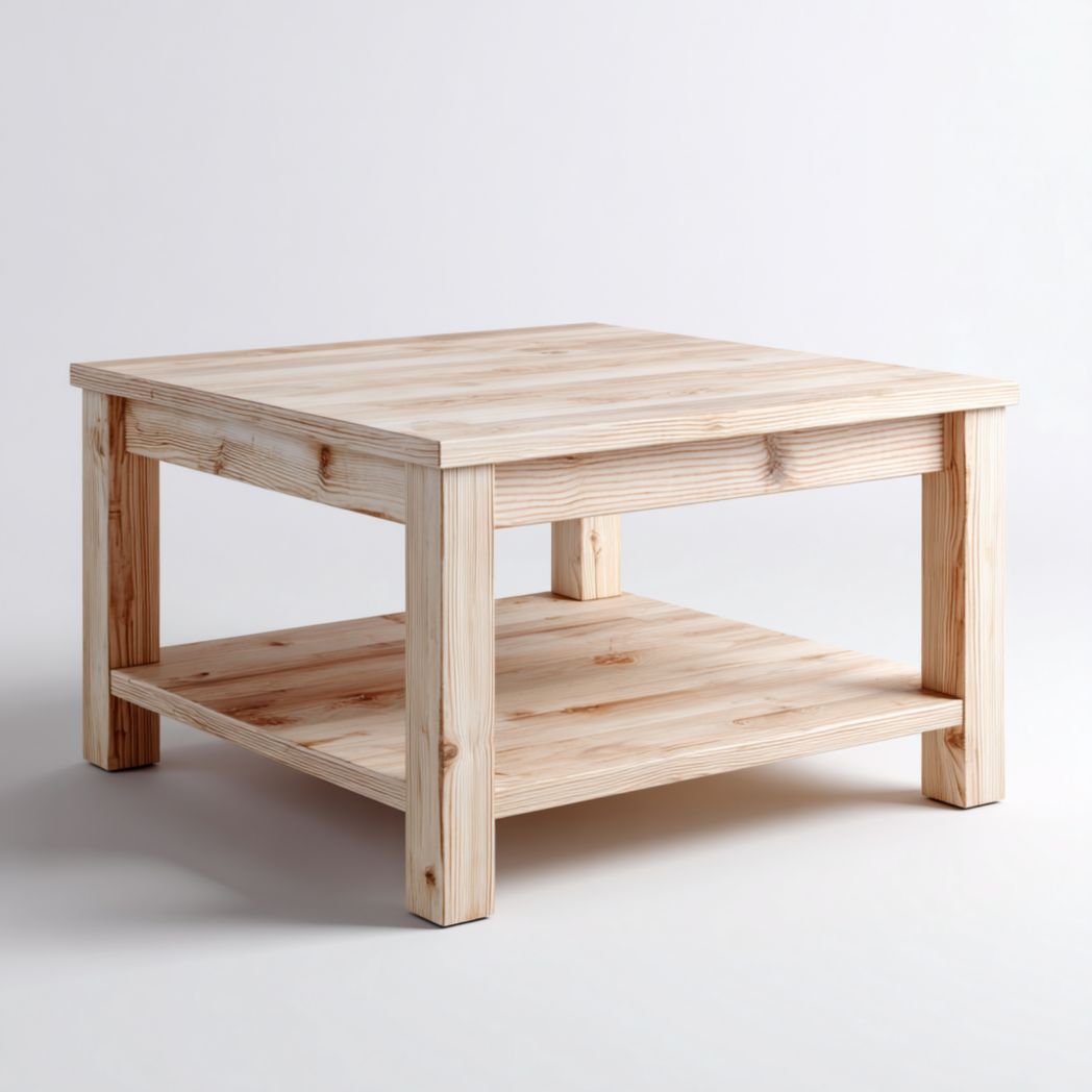 Table basse carrée en bois massif beige brun clair à deux niveaux
