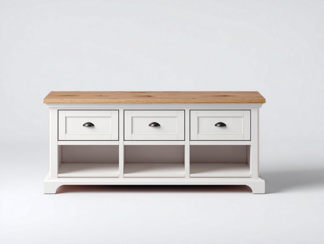 Meuble TV blanc et brun clair à trois tiroirs avec poignées noires