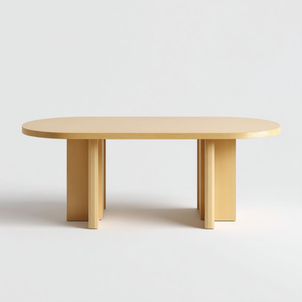 Table basse ovale jaune clair en bois avec base à double panneaux