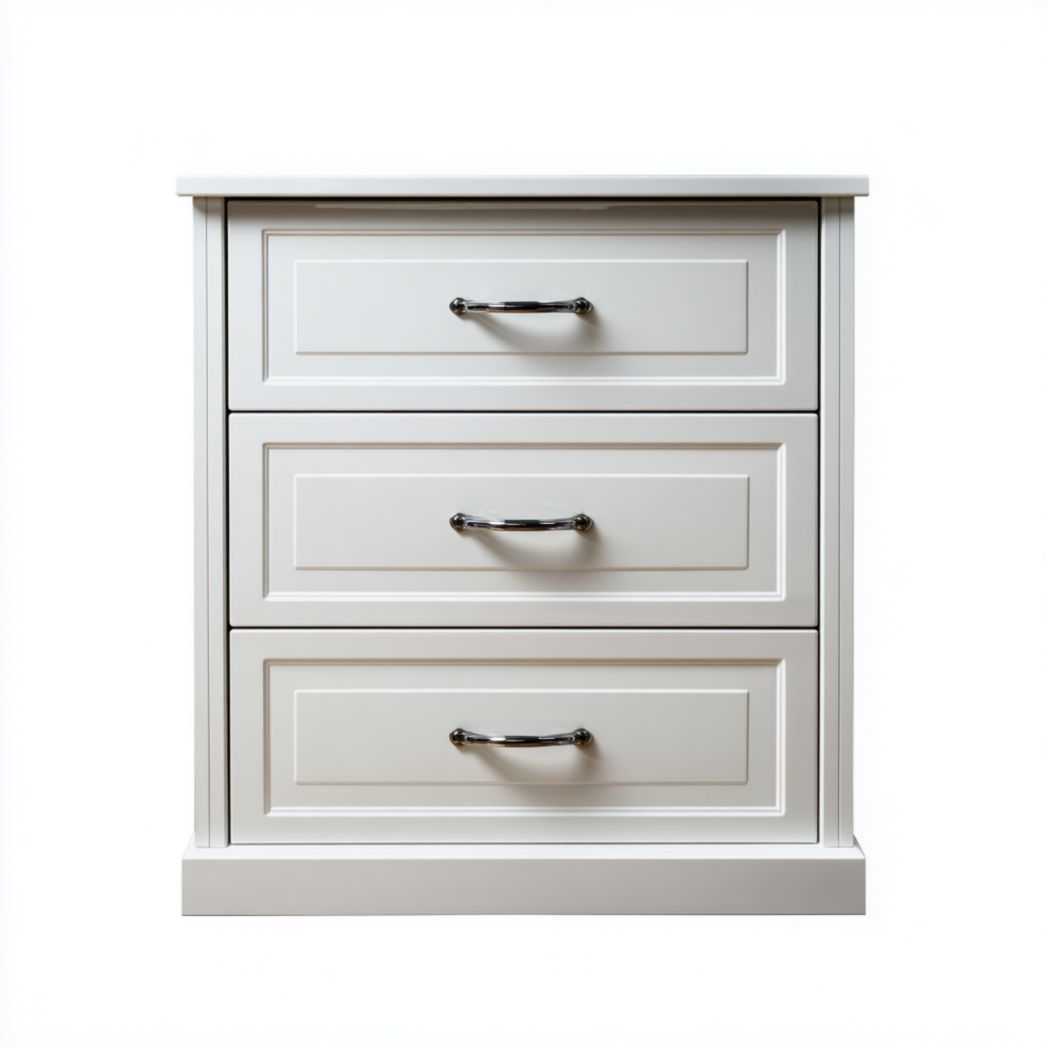 Commode blanche à trois tiroirs avec poignées en métal argenté