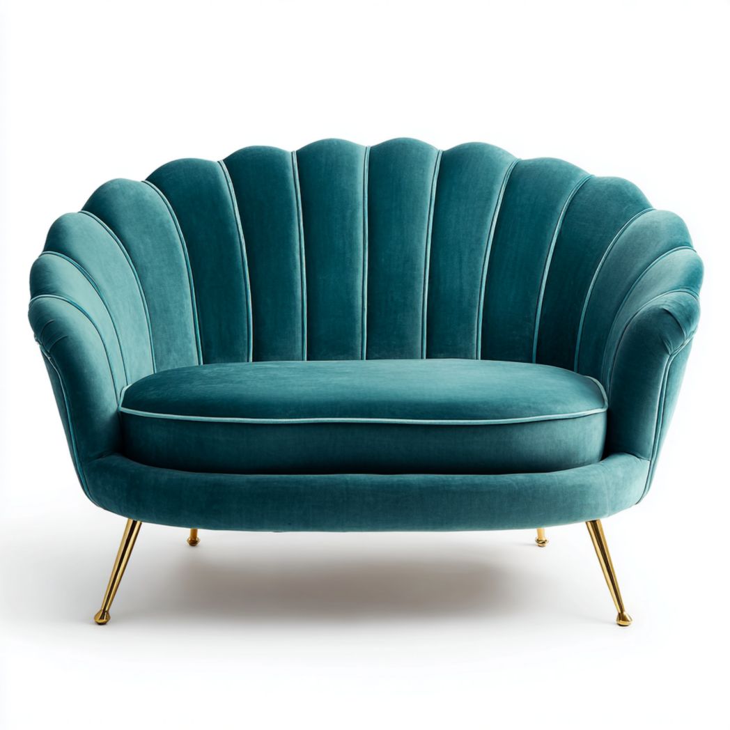 Canapé 2 places vert bleu en tissu velours dossier en forme de coquille pieds en métal doré