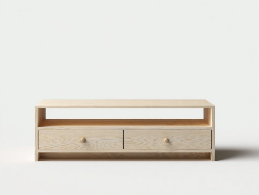 Meuble TV à deux tiroirs beige clair avec poignées rondes en bois beige clair