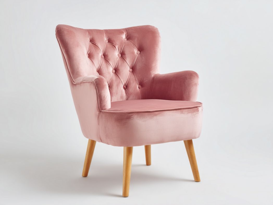 Fauteuil en velours rose avec dossier capitonné à boutons et pieds en bois brun clair