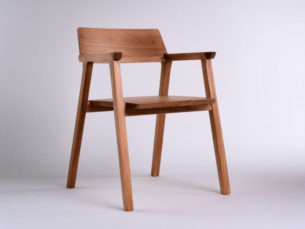 Chaise en bois marron clair à dossier incliné avec accoudoirs