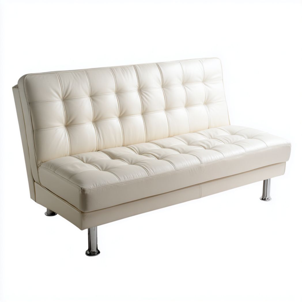 Canapé-lit en cuir synthétique blanc cassé avec surpiqûres quadrillées et pieds en métal argenté