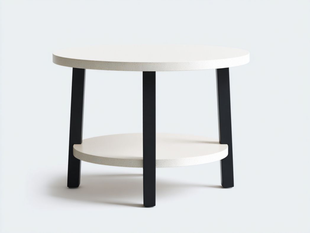 Table basse ronde blanche avec étagère et pieds noirs