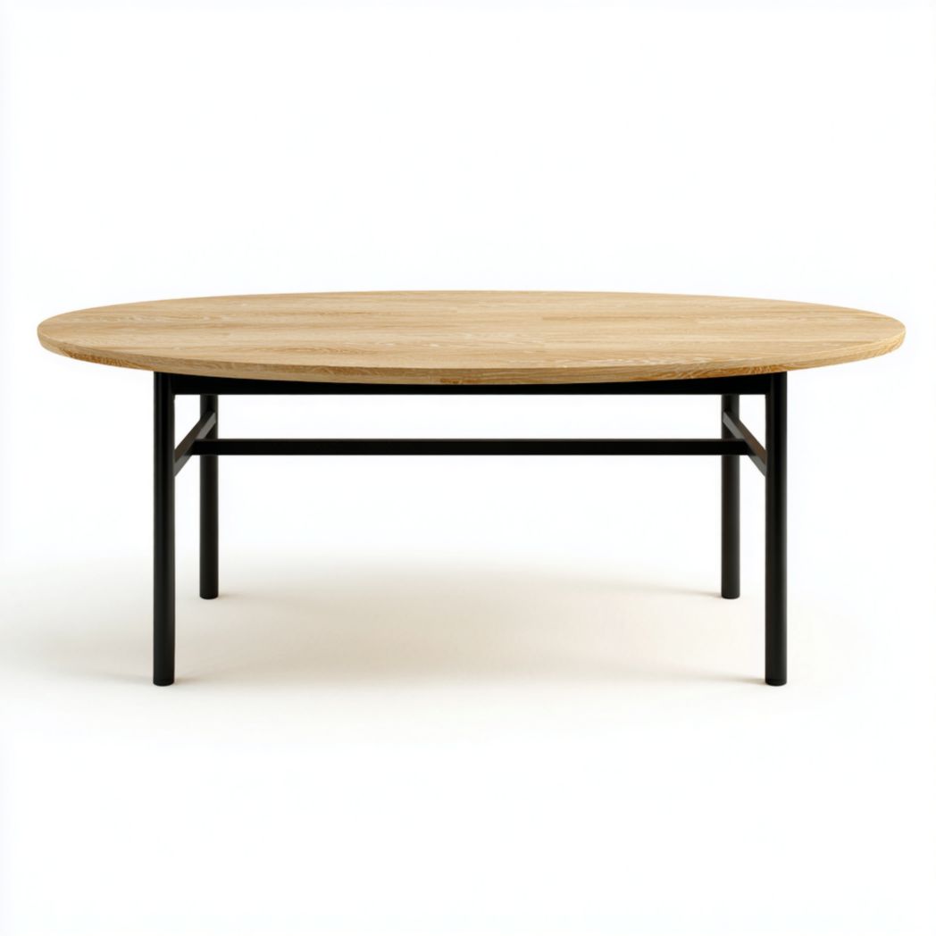 Table basse ronde plateau brun clair avec support en métal noir