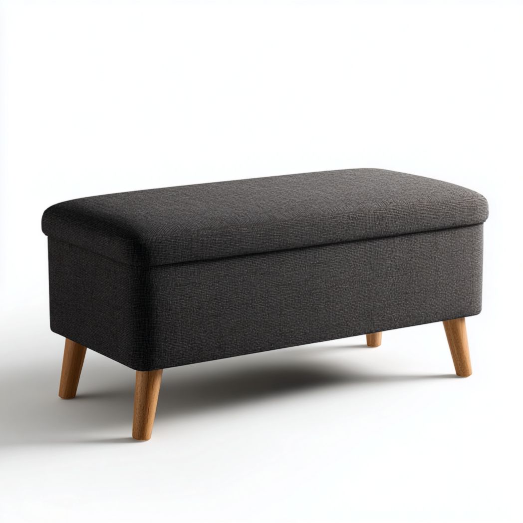 Banquette de rangement en tissu gris foncé avec pieds brun clair