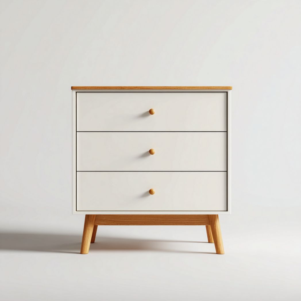 Commode blanche à trois tiroirs avec pieds et plateau en bois brun clair