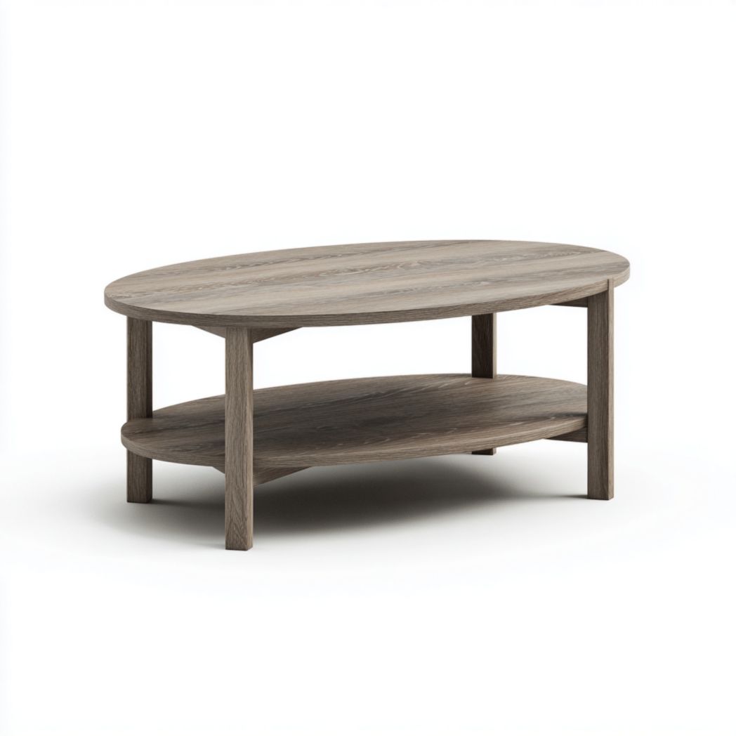 Table basse ovale brun gris à deux niveaux de rangement