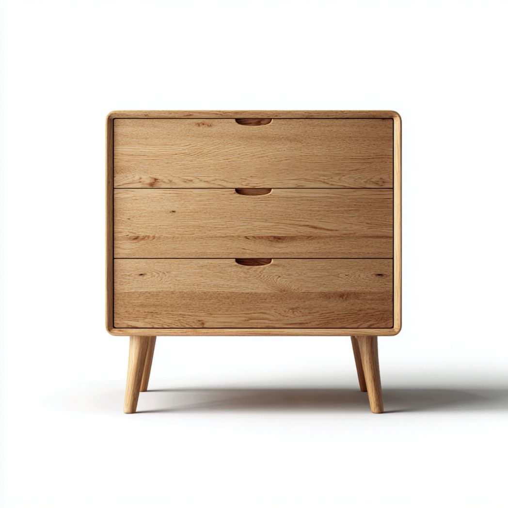 Commode brun clair à trois tiroirs sans poignées avec pieds en bois