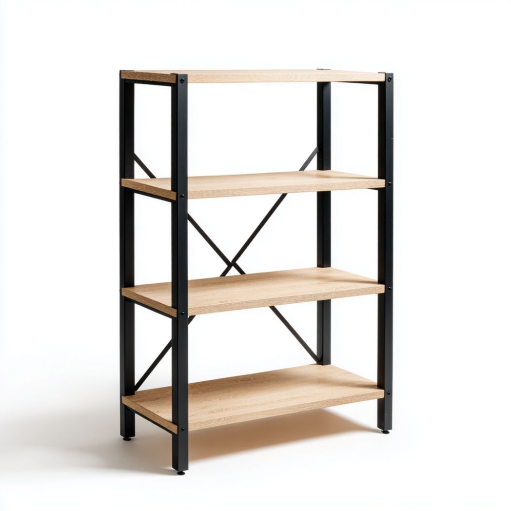 Bibliothèque à 4 niveaux en bois brun clair avec cadre métallique noir