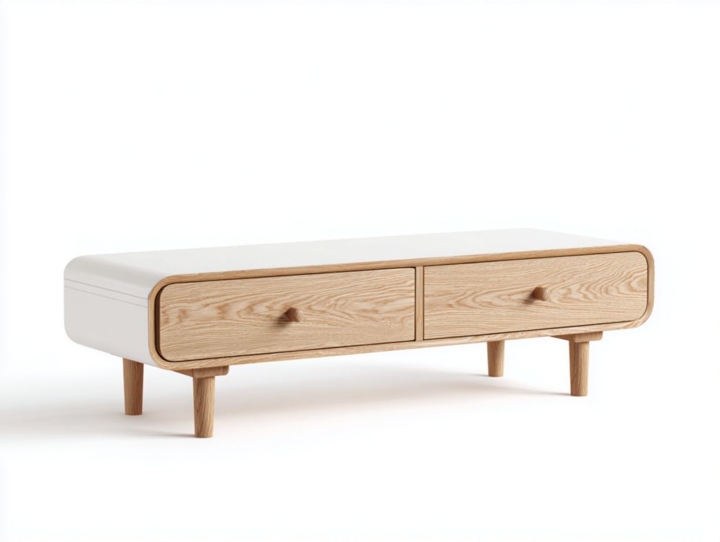 Meuble TV blanc et brun clair à deux tiroirs avec coins arrondis et poignées en bois