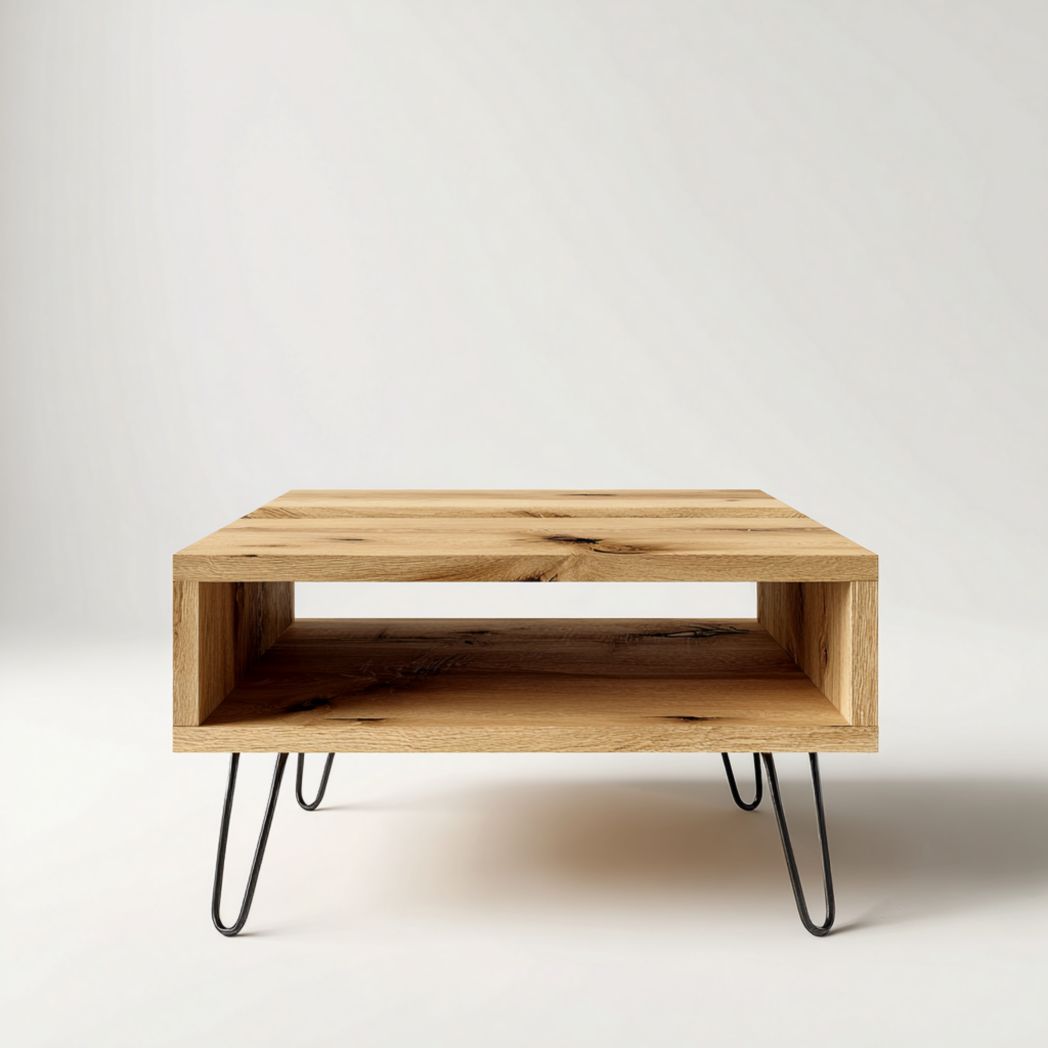 Table basse carrée en bois massif brun clair avec niche et pieds en métal noir