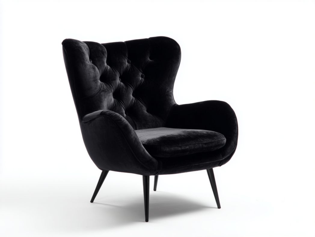 Fauteuil en velours noir avec dossier capitonné haut et pieds fins en métal