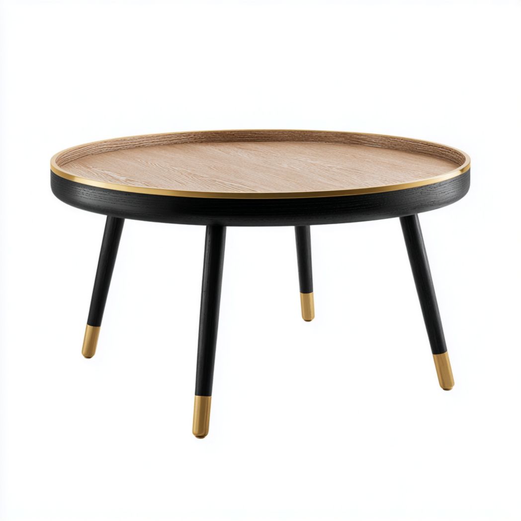 Table basse ronde en bois brun clair avec bords et pieds noirs ornés de détails dorés