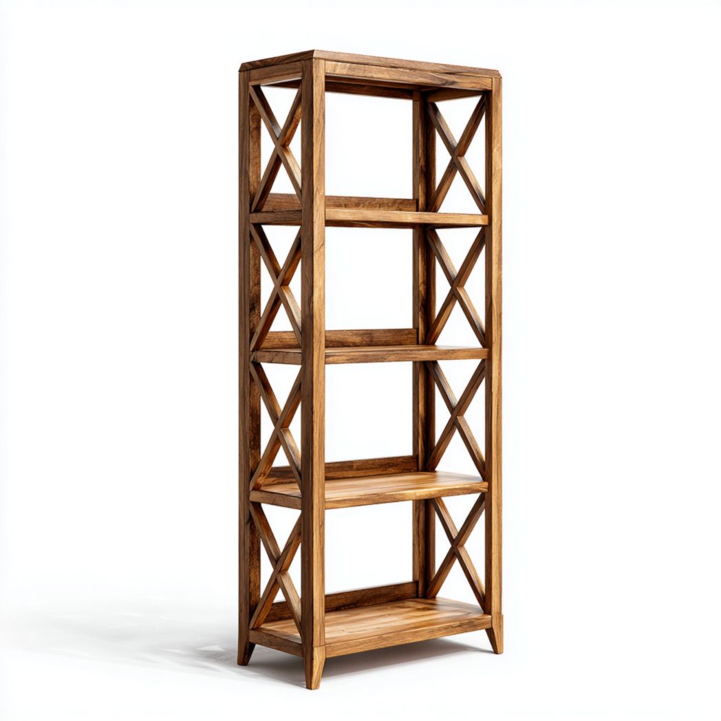 Bibliothèque ouverte à 4 niveaux en bois brun avec cadre croisé