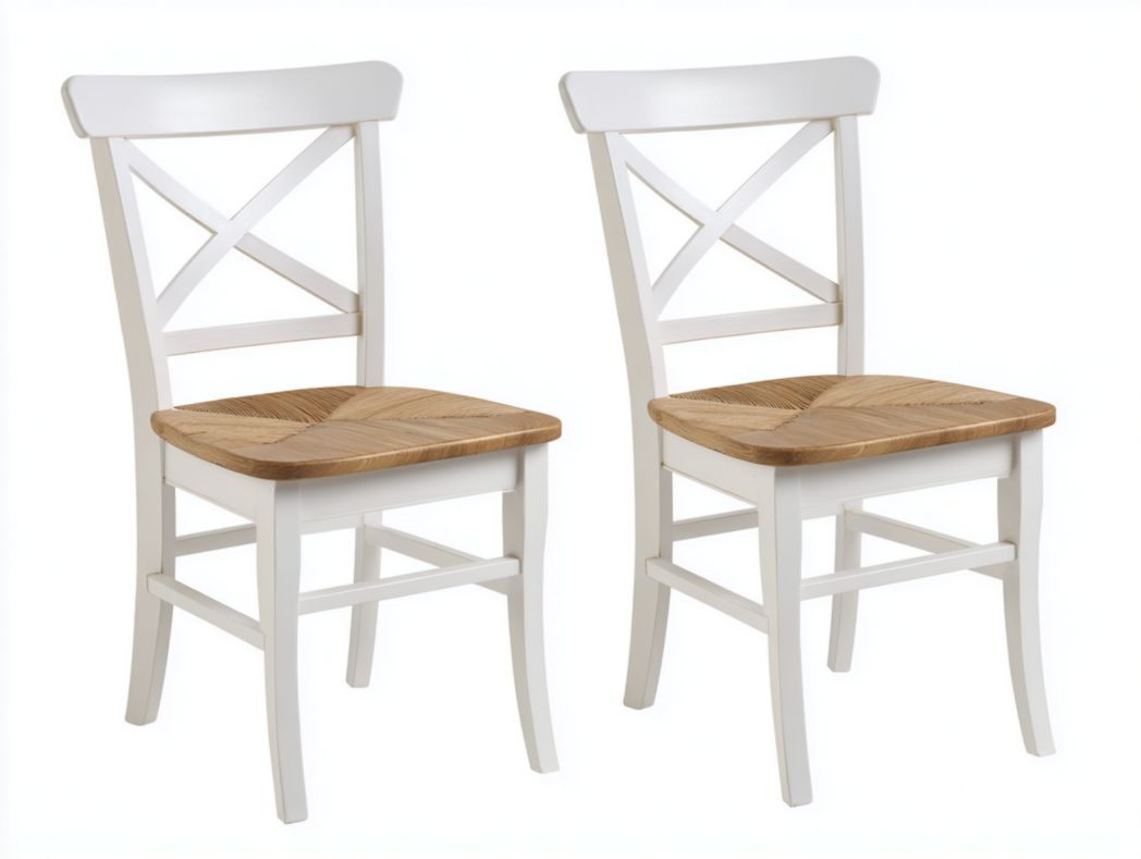 Lot de 2 chaises en bois blanc à dossier croisé et assise marron clair