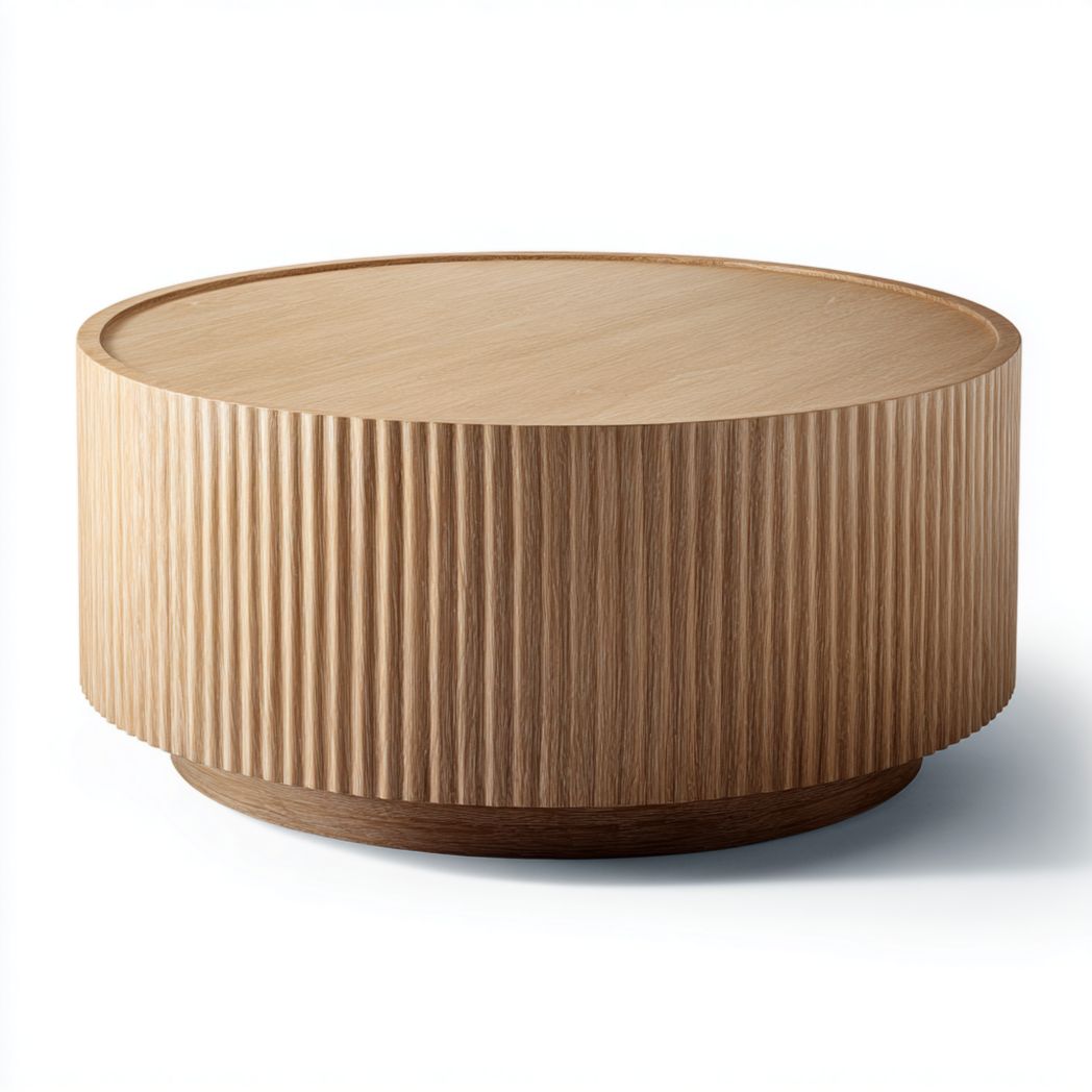 Table basse ronde en bois brun clair avec base rainurée