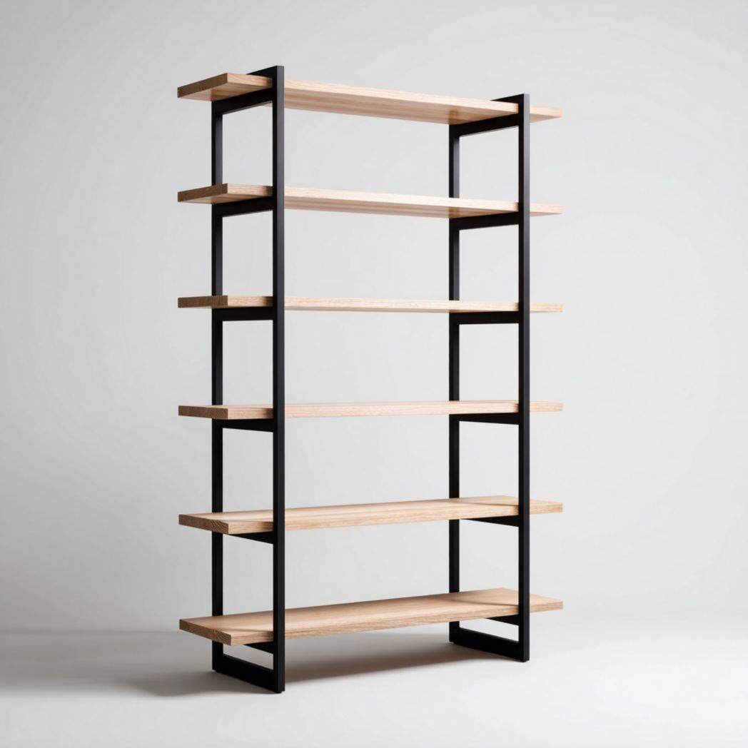 Bibliothèque ouverte à 5 niveaux en bois brun clair et structure métallique noire