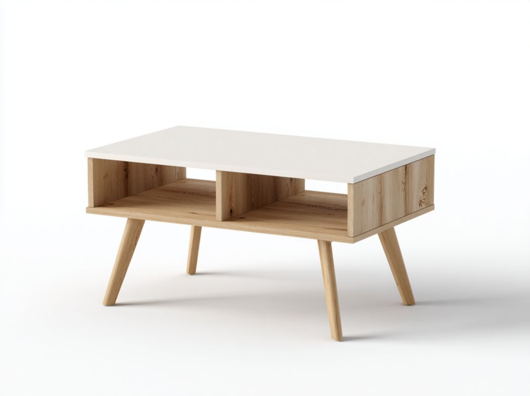 Table basse rectangulaire blanche et brun clair avec compartiments de rangement ouverts