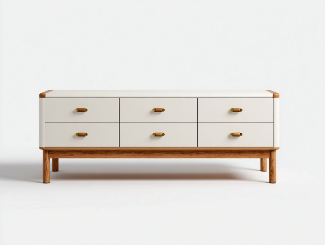 Meuble TV blanc et brun clair en bois massif à six tiroirs avec poignées dorées