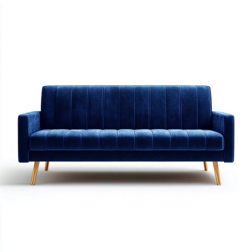 Canapé 2 places bleu en tissu velours dossier à coutures verticales pieds en métal doré