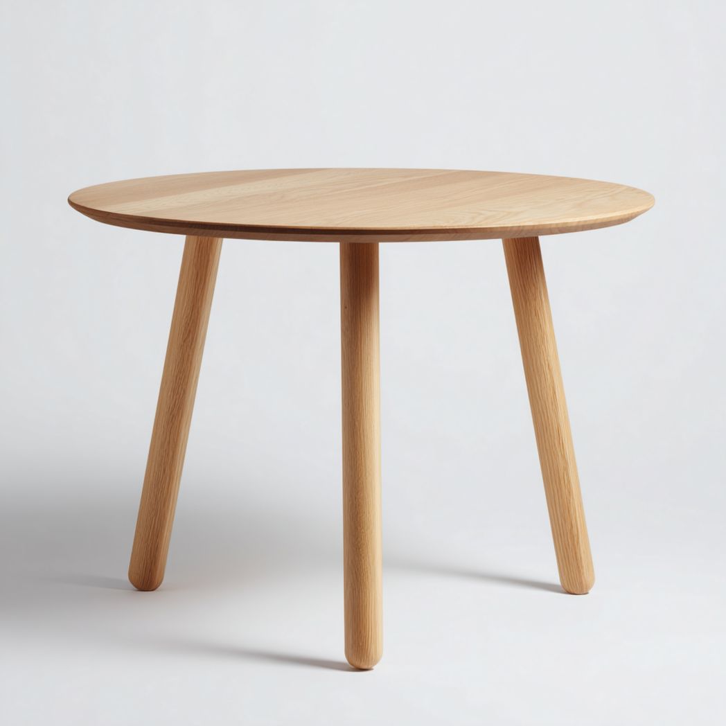 Table basse ronde en bois brun clair à trois pieds