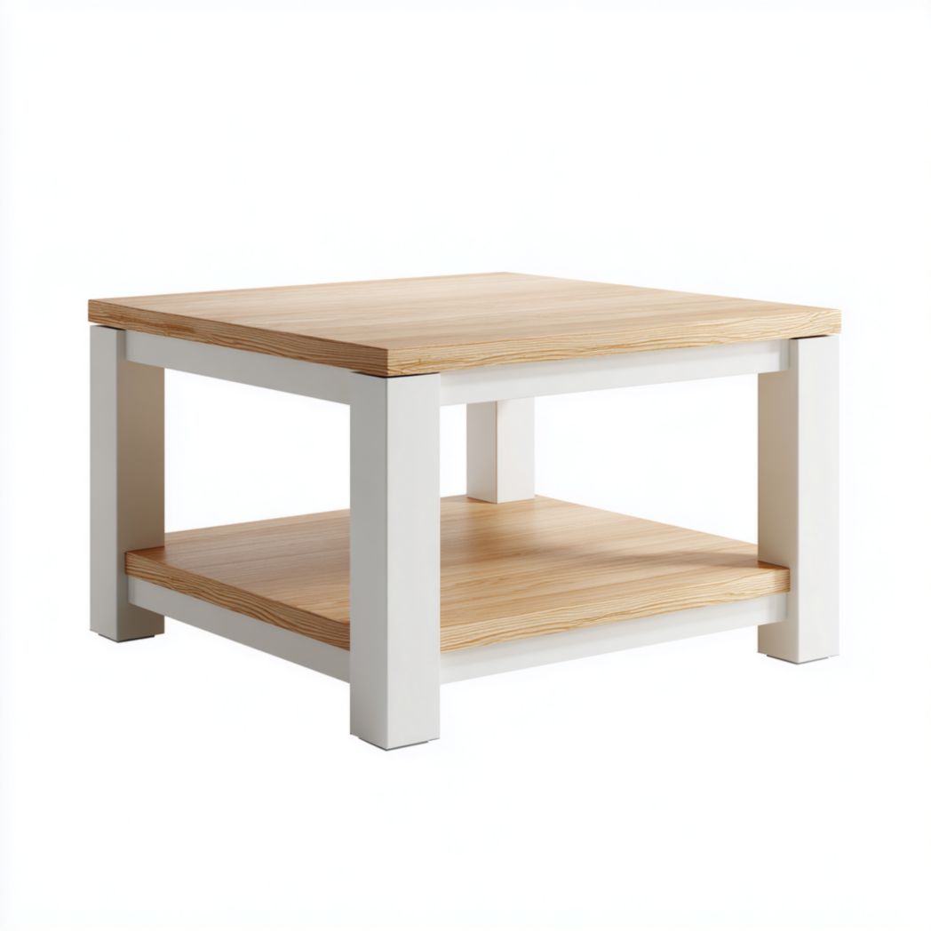 Table basse carrée avec étagère en bois brun clair et cadre blanc