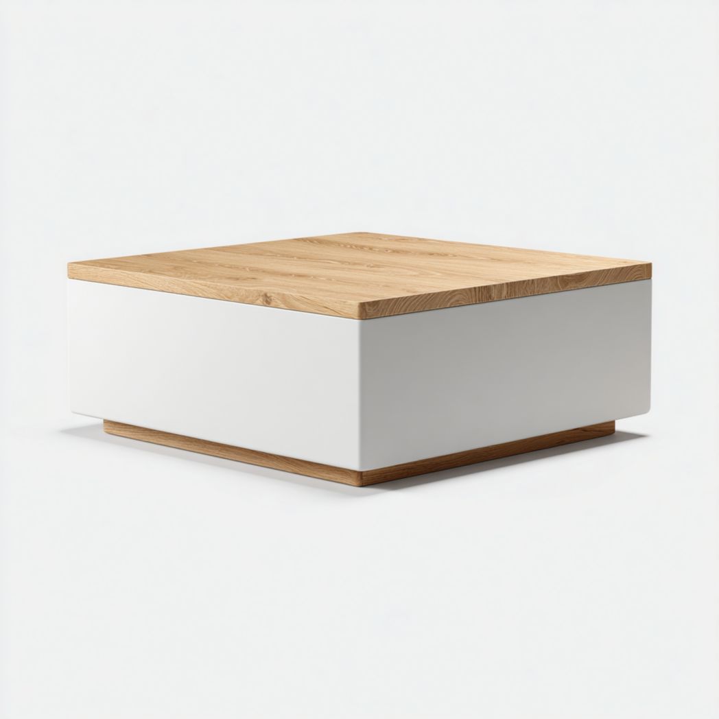 Table basse carrée avec structure blanche et plateau en bois brun clair