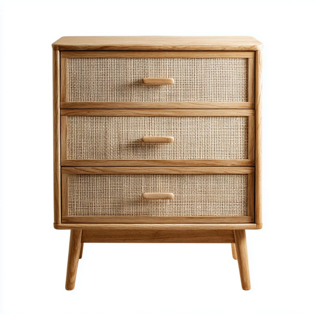 Commode brun clair à trois tiroirs avec façades en rotin et pieds en bois