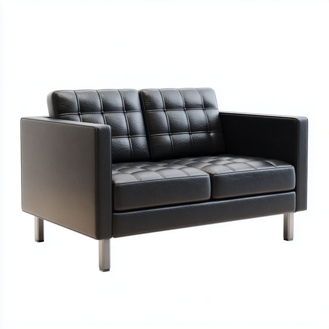 Canapé 2 places en cuir synthétique noir avec dossier à surpiqûres carrées et pieds en métal