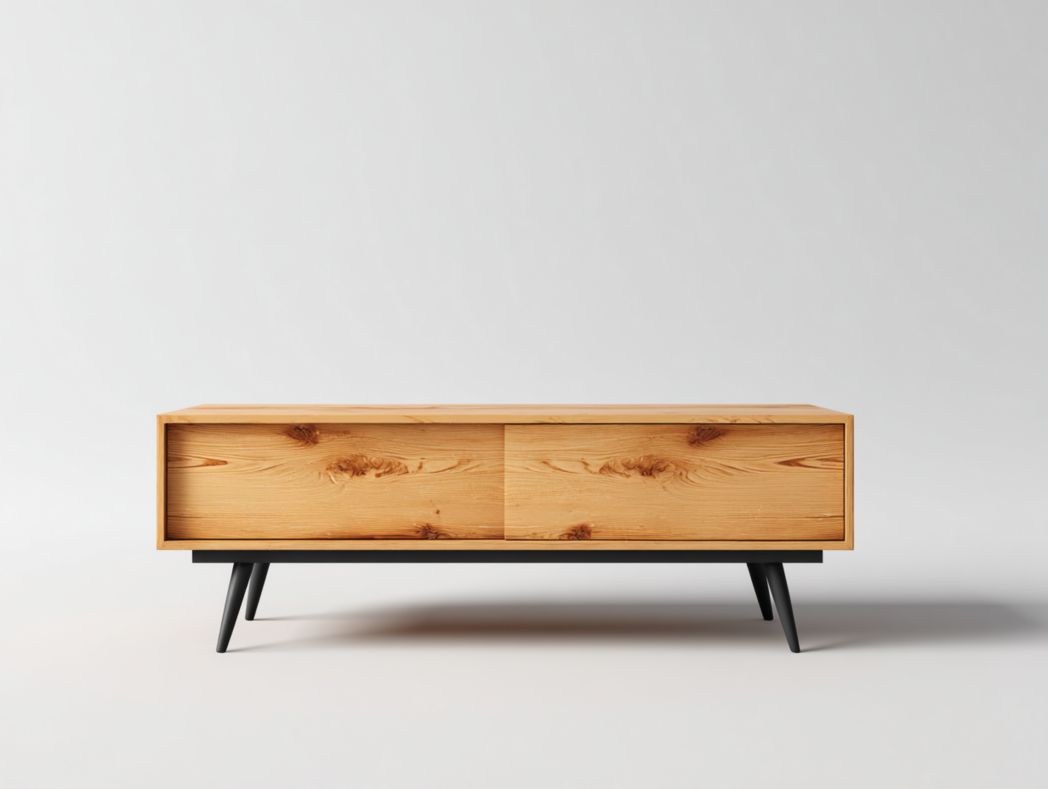 Meuble TV à deux portes coulissantes brun clair avec piètement en métal noir