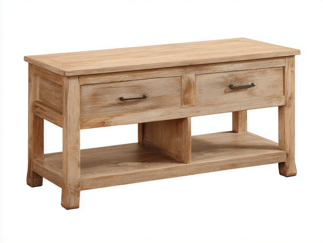 Meuble TV en bois brun clair avec deux tiroirs, étagère ouverte et poignées en métal noir