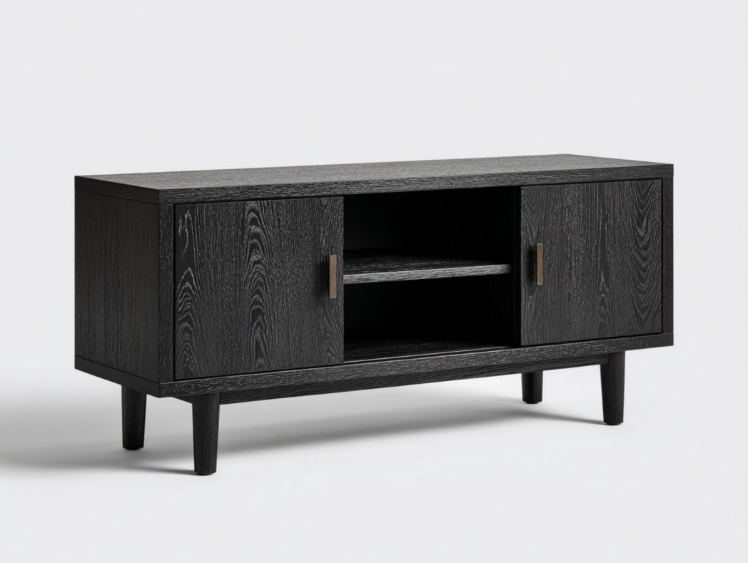 Meuble TV en bois noir avec deux portes, poignée en métal doré foncé et compartiment ouvert