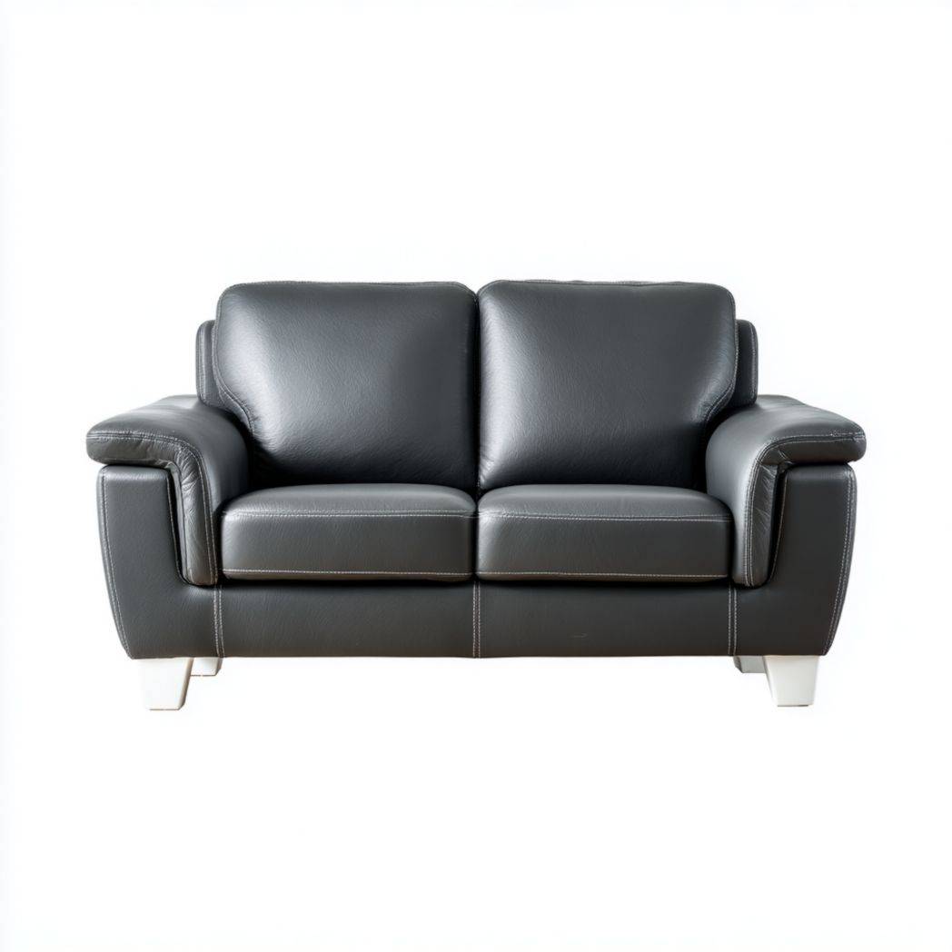 Canapé 2 places en cuir synthétique gris foncé avec dossier large et pieds en métal blanc