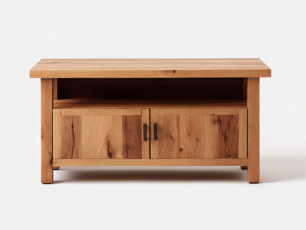 Meuble TV à deux portes brun clair avec poignées en métal brun foncé