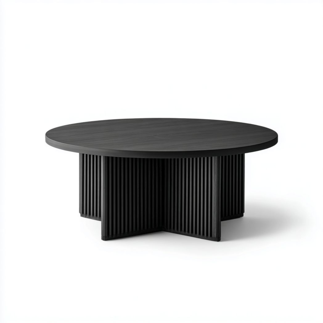 Table basse ronde en bois massif noir avec base croisée à lattes