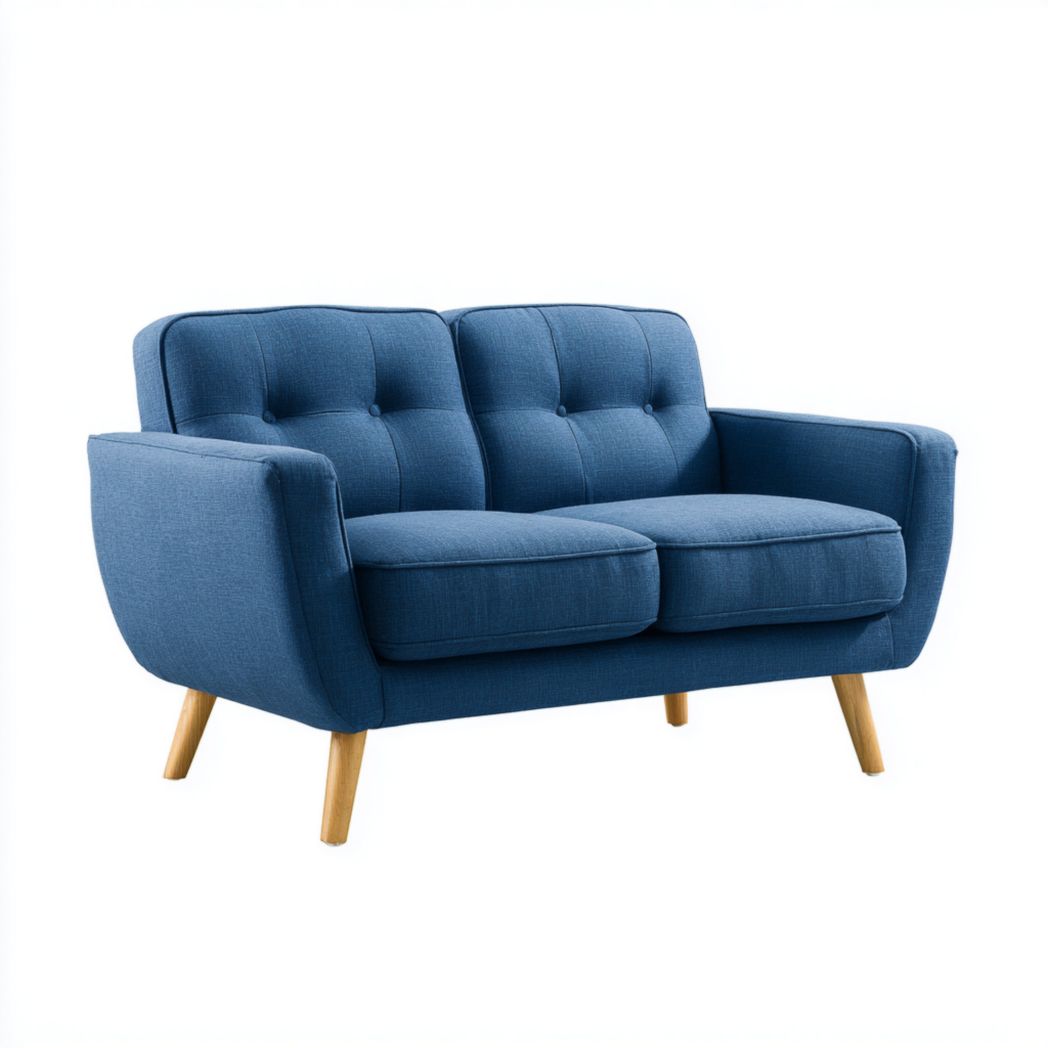 Canapé 2 places bleu en tissu polyester mélangé dossier à boutons pieds en bois brun clair