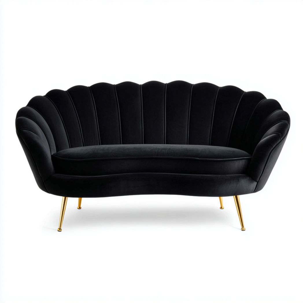 Canapé 2 places noir en tissu velours dossier en forme de coquillage pieds en métal doré