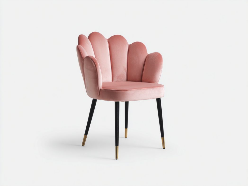 Chaise de salle à manger en velours rose avec pieds en métal noir et embouts dorés