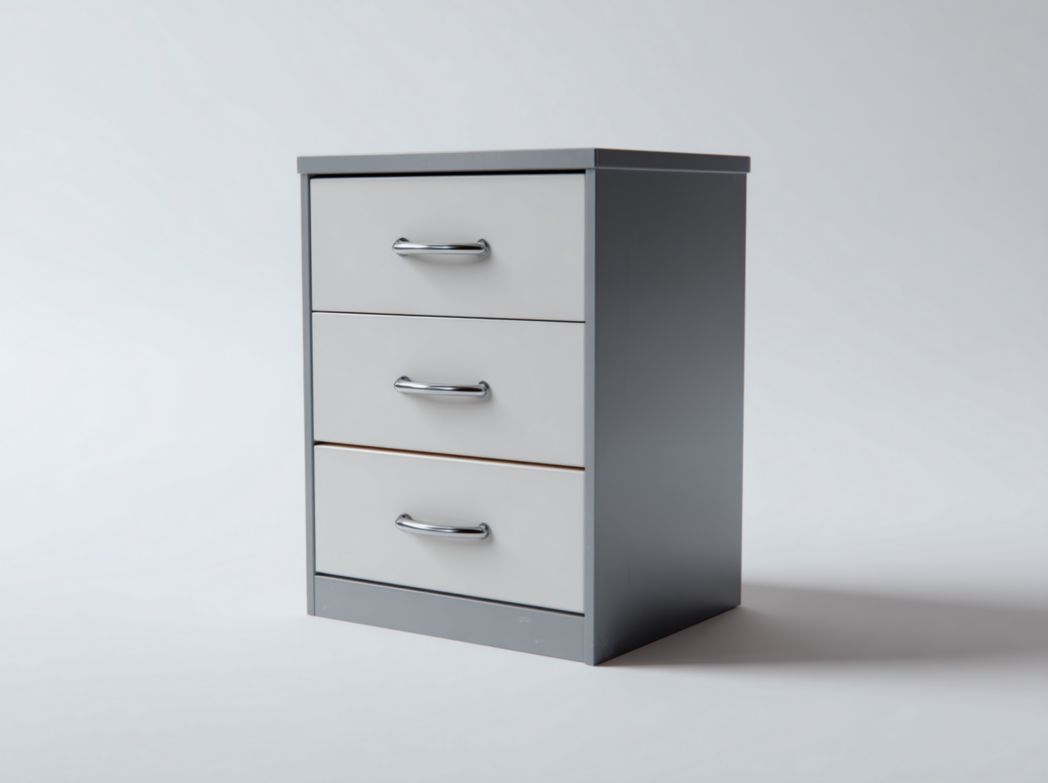 Meuble à chaussures gris foncé avec portes gris clair et poignées argentées