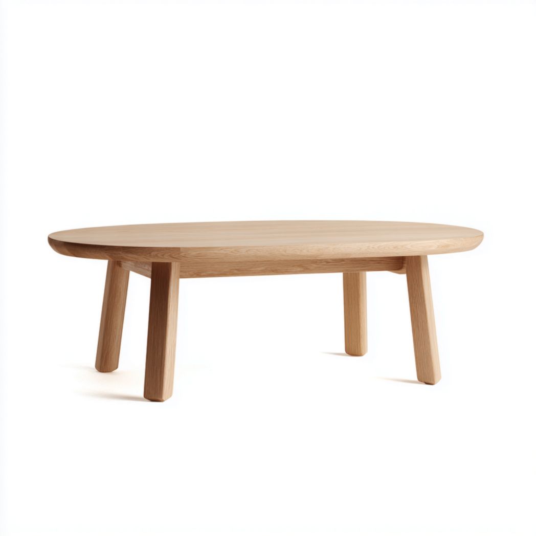 able basse ovale en bois brun clair avec pieds ronds inclinés