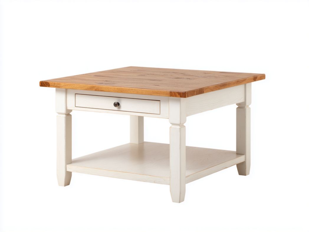 Table basse carrée brun clair et blanche avec tiroir et étagère