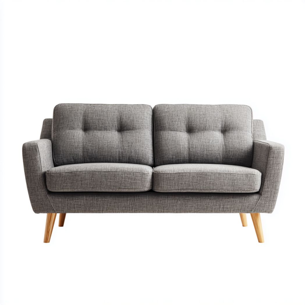 Canapé 2 places gris en tissu polyester mélangé dossier à boutons pieds en bois brun clair