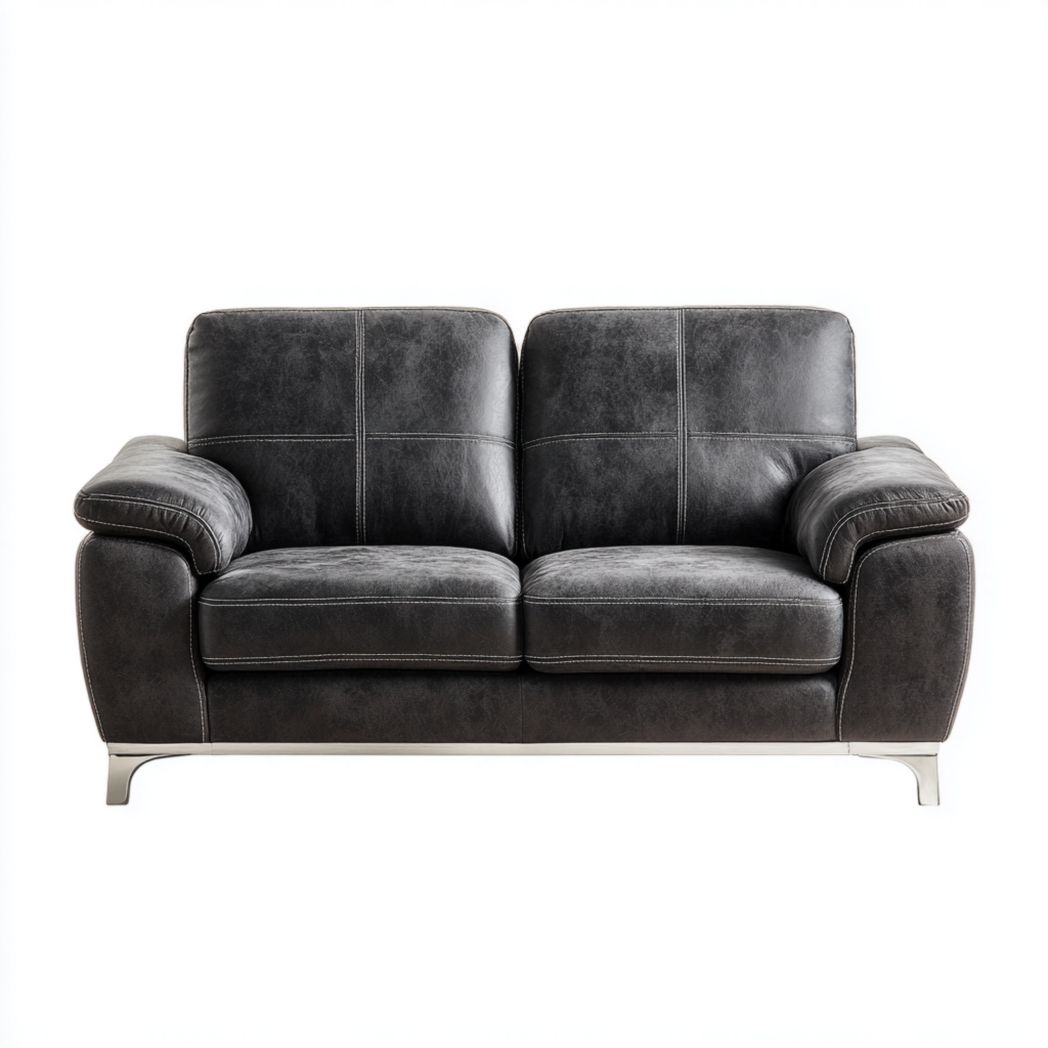 Canapé 2 places en cuir synthétique gris foncé avec coutures apparentes et pieds en métal argenté