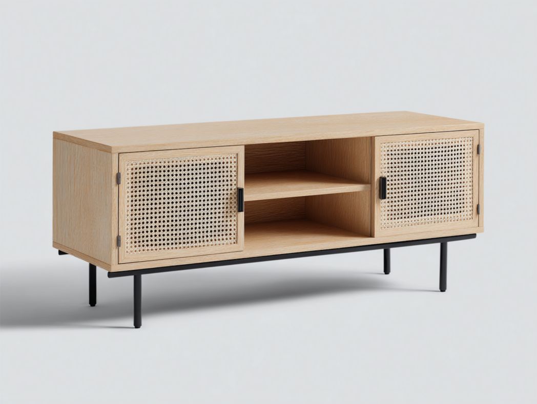 Meuble TV en bois brun clair avec portes en rotin beige clair et pieds en métal noir