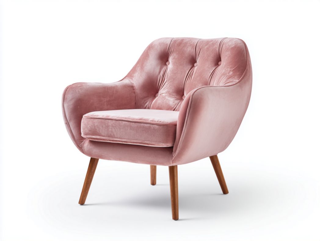 Fauteuil en velours rose avec dossier capitonné et pieds en bois brun