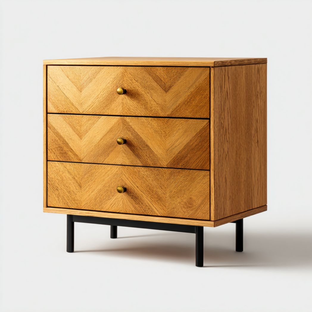 Commode brun clair à trois tiroirs avec pieds en métal noir et poignées dorées