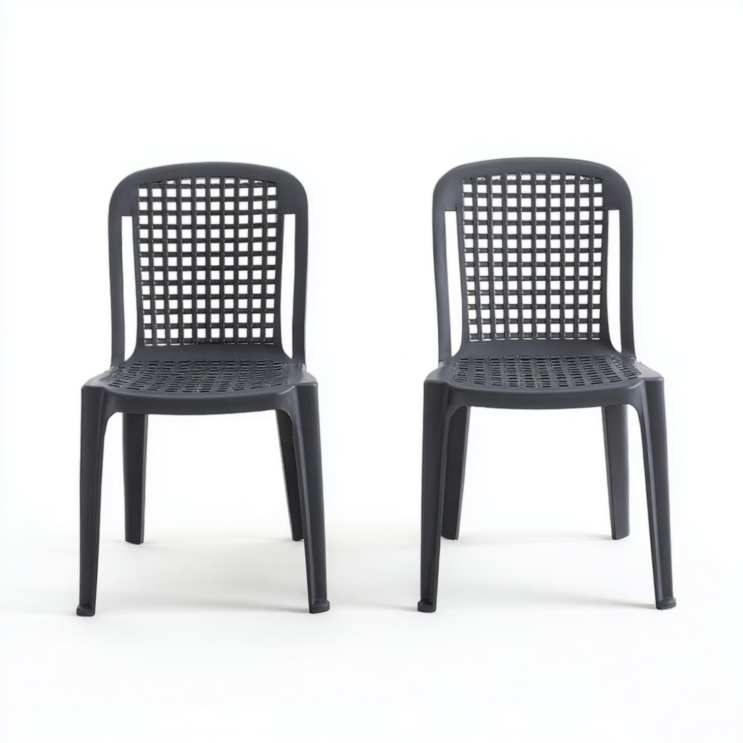 Lot de 2 chaises en plastique gris foncé à dossier ajouré